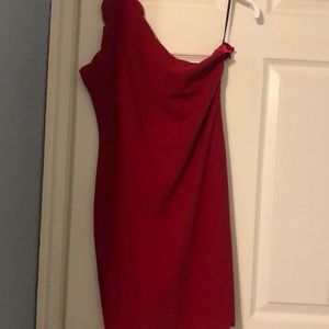 One shoulder wine colored dress with scalloped details